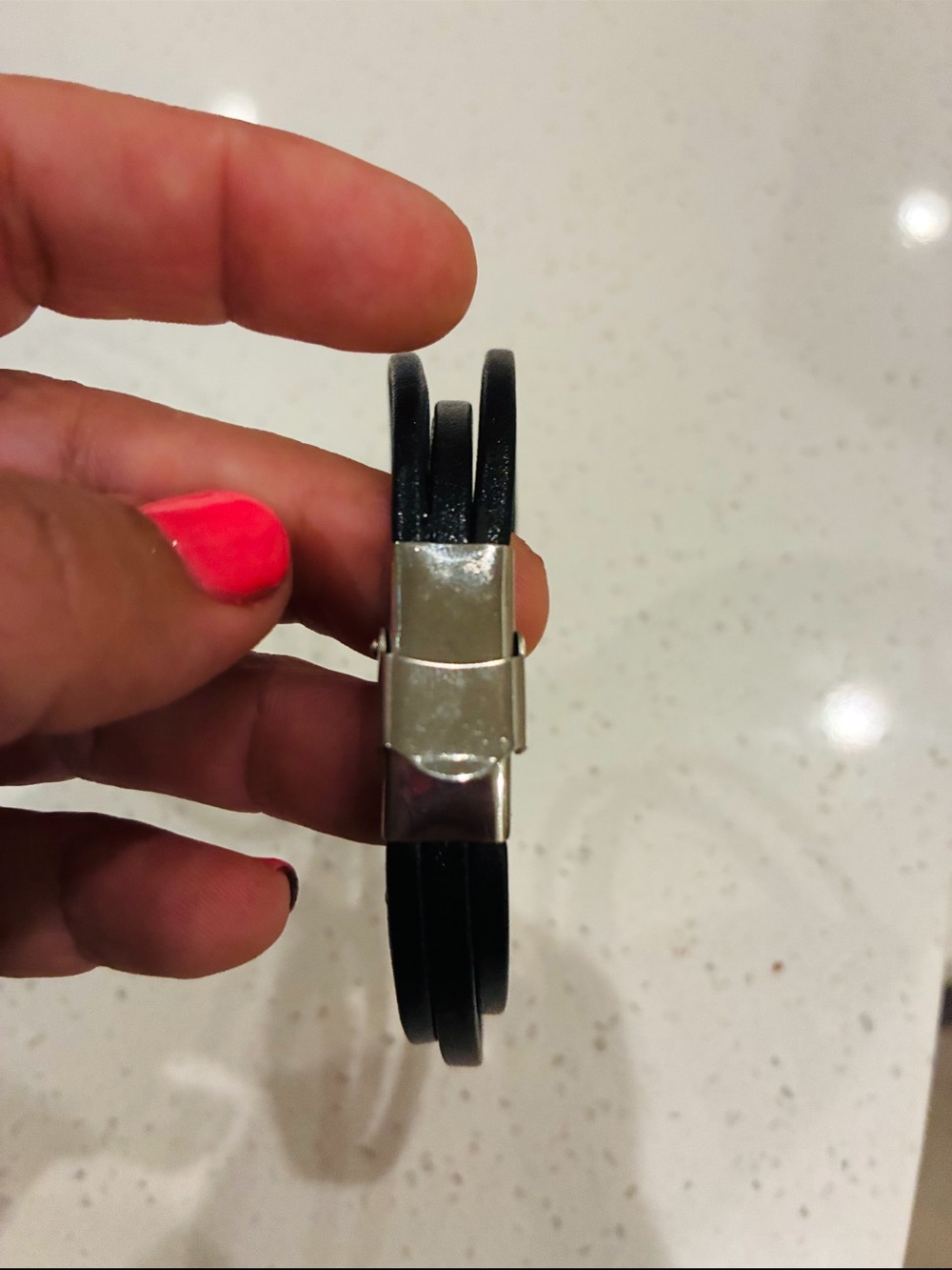 Black Leather Smart Bracelet with Silver Accent - Picture 2 of 5